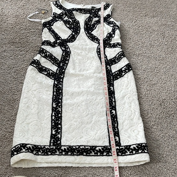 Tadashi Shoji Banded Contrast Color Block Black Ivory Lace Cocktail Dress - Picture 12 of 13